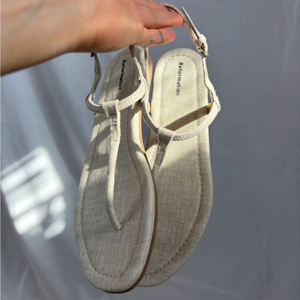 Reformation Cream Linen Thea T-Strap Women's Sandals Brand New! - Picture 9 of 9